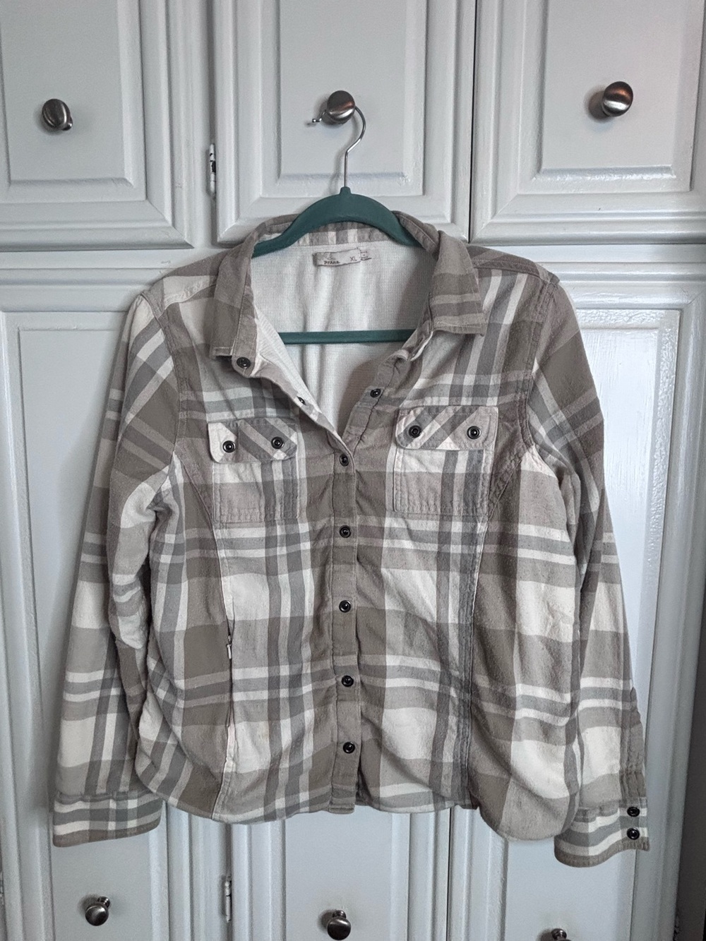 Prana Plaid Button-Front Women's lined Flannel in Taupe & Cream XL
